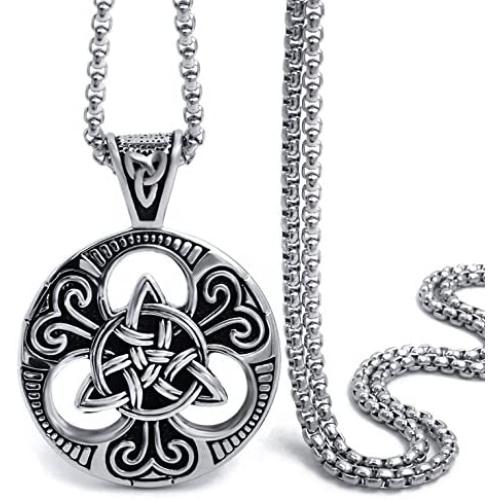 Elfasio Celtic knot Magic Both Sided Pendant Necklace Mens Stainless Steel Box Chain Jewelry(20-28inch)