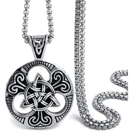 Elfasio Celtic knot Magic Both Sided Pendant Necklace Mens Stainless Steel Box Chain Jewelry(20-28inch)