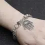 QEPOL Hamsa Hand of Fatima Silver Bracelet - Evil Eye Protection Silver Tone Alloy Charm Jewelry Lucky love Pendant Friendship Handmade Bracelet Men Women