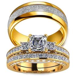 Couple Ring Bridal Set His and Hers Women 10k Yellow Gold Filled Square CZ Men Stainless Steel Band Wedding Ring Band Set