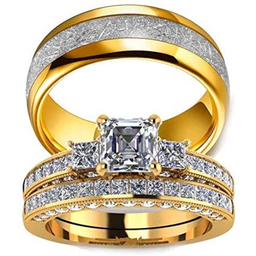 Couple Ring Bridal Set His and Hers Women 10k Yellow Gold Filled Square CZ Men Stainless Steel Band Wedding Ring Band Set