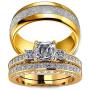 Couple Ring Bridal Set His and Hers Women 10k Yellow Gold Filled Square CZ Men Stainless Steel Band Wedding Ring Band Set