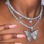 Gangel Silver Butterfly Layered Choker with Rhinestone Tennis Chain Fashion Necklace Stylish Design Pendant Pretty Jewelry for Party Dating Vacation for Women and Girls(Pack of 1)