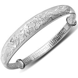 Merdia Womens 999 Solid Sterling Silver Chinese Dragon Phoenix Carved Adjustable Bangle Bracelet 27g Weight for Women,Ladies and Elder.