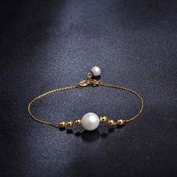 Freshwater Cultured White Pearl Bracelet 18K Yellow Gold Adjustable Link Chain 8-8.5mm Pearl Bracelet Wrist Jewelry Gifts for Women Girls