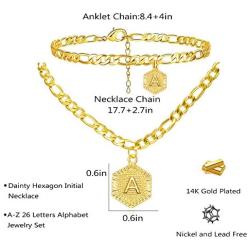 Harlermoon Initial Necklace Anklet Bracelet 18K Gold Plated Figaro Link Chain Bracelet Hexagon A-Z Monogram Letter Charms Jewelry Set for Women Girls