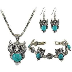 Greendou Fashion Jewelry Retro Gemstone Antique Silver Charm Owl Necklace,Bracelet,Earrings Set (Blue)