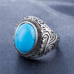 MZC Jewelry Vintage Oval Statement Synthetic Turquoise Ring Stainless Steel Ring Size 8 to 12 for Men Women Birthday Party
