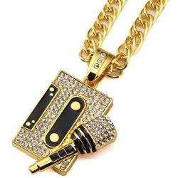 Tidoo Jewelry Mens Cool Hip Hop Tape&Microphone Pendant Golden Necklaces