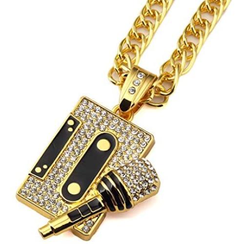 Tidoo Jewelry Mens Cool Hip Hop Tape&Microphone Pendant Golden Necklaces