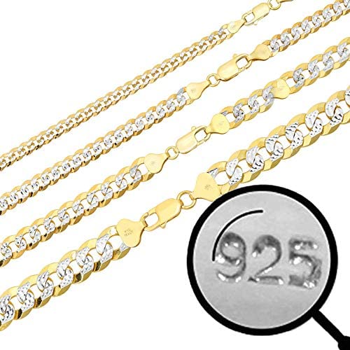 Harlembling Mens Flat Cuban Chain - Two Tone Diamond Cut - 14k Gold Over Solid 925 Sterling Silver - Made in Italy - 5mm 6mm 8mm 10mm