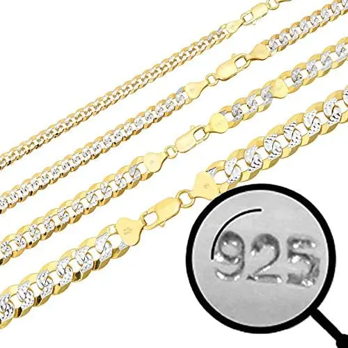 Harlembling Mens Flat Cuban Chain - Two Tone Diamond Cut - 14k Gold Over Solid 925 Sterling Silver - Made in Italy - 5mm 6mm 8mm 10mm Harlembling Mens Flat Cuban Chain - Two Tone Diamond Cut - 14k Gold Over Solid 925 Sterling Silver - Made in Italy - 5mm 6mm 8mm 10mm