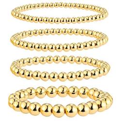 Gold Beaded Bracelets for Women, 14K Gold Plated Bead Ball Layered Bracelets Set Copper Beads Stackable Elastic Stretch Gold Bracelets Fashion Beaded Jewelry