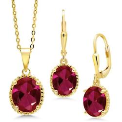 Gem Stone King 18K Yellow Gold Plated Silver Red Created Ruby Pendant Earrings Set For Women (8.00 Ct Oval with 18 Inch Chain)