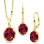 Gem Stone King 18K Yellow Gold Plated Silver Red Created Ruby Pendant Earrings Set For Women (8.00 Ct Oval with 18 Inch Chain)