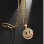 Unisex Hip Hop Golden Stainless Steel Iced out Smile Face Pendant Best Friend Happy Necklace with 24 Inch Chain