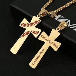 HZMAN Baseball Cross Pendant, I CAN DO ALL THINGS STRENGTH Bible Verse Stainless Steel Necklace 22+2'' Chain