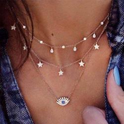 Yalice Dainty Layered Blue Evil Eye Pendant Necklace Chain Crystal Star Dangle Necklaces Water Drop Jewelry for Women and Girls
