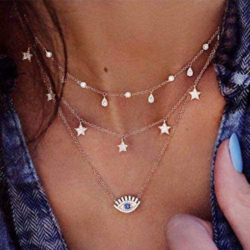 Yalice Dainty Layered Blue Evil Eye Pendant Necklace Chain Crystal Star Dangle Necklaces Water Drop Jewelry for Women and Girls