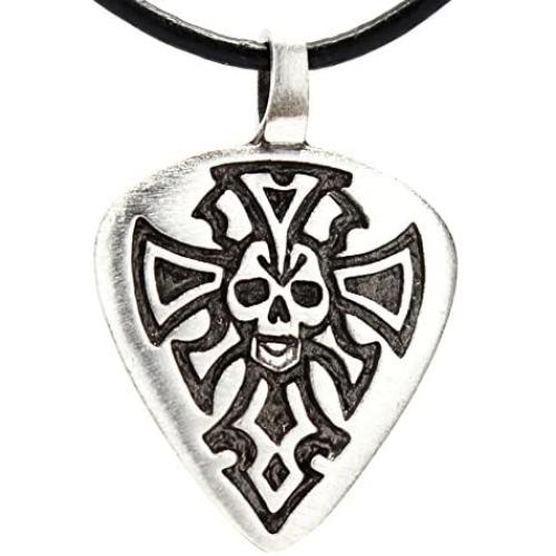 Trilogy Jewelry Pewter Guitar Pick with Skull and Dagger Pendant on Leather Necklace