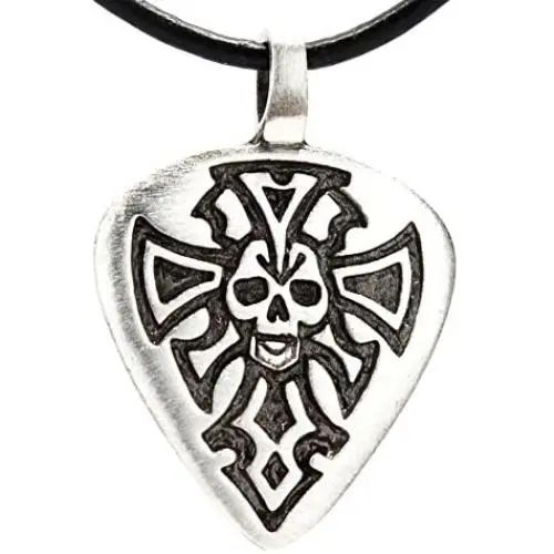 Trilogy Jewelry Pewter Guitar Pick with Skull and Dagger Pendant on Leather Necklace Trilogy Jewelry Pewter Guitar Pick with Skull and Dagger Pendant on Leather Necklace