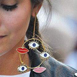 Gold Tone Evil Eyes Lip Earrings Fashion Unique Enamel Abstract Eyes Red Lip Drop Dangle Earring for Women Girls Exaggerated Jewelry