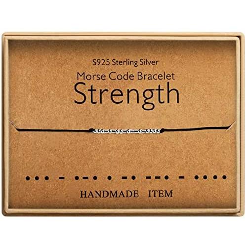 Morse Code Strength Bracelet Sterling Silver Handmade Bead Adjustable String Bracelets Birthday Gifts for Friends Inspirational Jewelry for Women