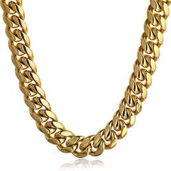 PY Bling Mens Miami Cuban Link Chain Choker 18k Solid Gold Plated Hip Hop Stainless Steel 10mm-14mm Thick Necklace/Bracelet