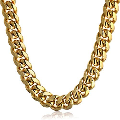 PY Bling Mens Miami Cuban Link Chain Choker 18k Solid Gold Plated Hip Hop Stainless Steel 10mm-14mm Thick Necklace/Bracelet