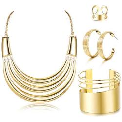 JOERICA Bib Choker Necklace for Women Wide Cuff Bangle Bracelet Open Hoop Earrings Adjustable Ring Chunky Statement Costume Jewelry Set