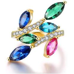 JIANGYUE Multicolor CZ Cubic Zirconia Rings for Women Gold Plated Rainbow Gemstones Wedding Engagement Cocktail Birthstone Jewelry Gifts Size 5 6 7 8 9 10