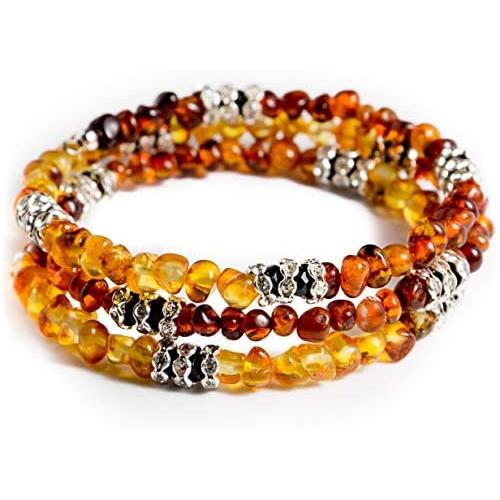 Baltic Amber Bracelet for Women or Girls, Handmade Multi-Layered and Clean Polished Beaded Jewelry- Wire Snake , up to 7.5” wrist size