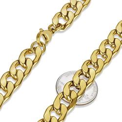 The Bling Factory Mens 11.9mm 24k Yellow Gold Plated Stainless Steel Flat Cuban Link Curb Chain Necklace