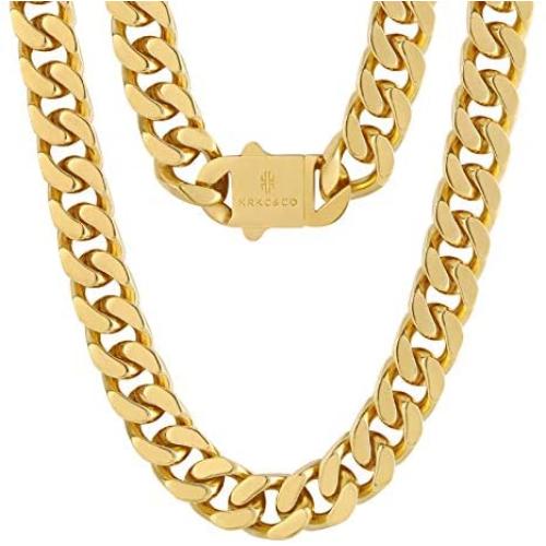 KRKC&CO 12mm/14mm Mens Cuban Link Chains, 18k Gold Miami Cuban Link Curb Chain, Hip Hop Jewelry, Solid No Tarnish Necklace, Durable Street-wear Hip Hop Chains for Men, 18 20 22 24 26inches