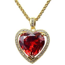 LADY OPA JEWELRY - Ruby Red CZ Heart Charm Surrounded by Rhinestones in a Raised 3 Prong 24K Gold Layered Setting - Also Available with a 1 mm French Rope Chain