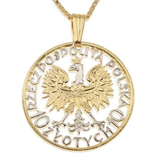 The Difference World Coin Jewelry Polish Eagle Pendant & Necklace, Poland 10 Zlotych Hand Cut, 1 1/4'' Diameter