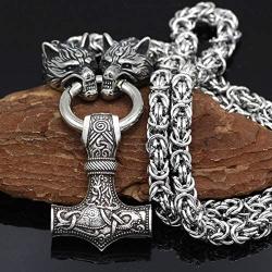 Viking Stainless Steel Odins Wolf Head Geri and Freki Handmade Heavy Duty Chain with Thor Hammer Mjolnir Pendant Necklace