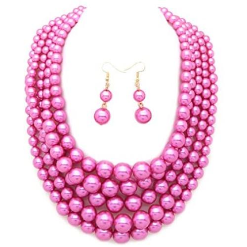 Womens Simulated Faux Pearl Five Multi-Strand Statement Necklace and Earrings Set