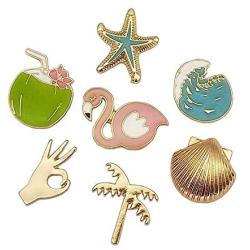 CAROMAY 7 PC Enamel Lapel Pins Set Summer Beach Cartoon Starfish Badge Corsage Collar Brooch Cute Shell Coconut Palm Wave