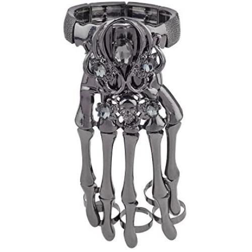 Lux Accessories Black Hem Gothic Skull Tools Full Hand Skeleton Bracelet Rings