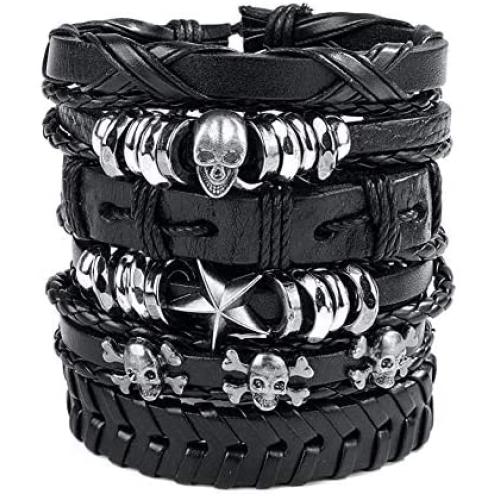 León Jewelry 6PCS Set Handmade Braided Leather Bracelet Unisex Skull Star Wide Cuff Bangle Cosplay Costume Adjustable Biker Wristband Wrap