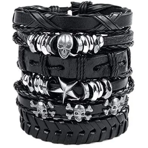 León Jewelry 6PCS Set Handmade Braided Leather Bracelet Unisex Skull Star Wide Cuff Bangle Cosplay Costume Adjustable Biker Wristband Wrap León Jewelry 6PCS Set Handmade Braided Leather Bracelet Unisex Skull Star Wide Cuff Bangle Cosplay Costume Adjustable Biker Wristband Wrap