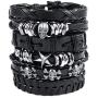 León Jewelry 6PCS Set Handmade Braided Leather Bracelet Unisex Skull Star Wide Cuff Bangle Cosplay Costume Adjustable Biker Wristband Wrap