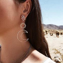 Chargances Boho Women Sun Crescent Moon Stars Dangle Drop Earrings Ladies Fashion Jewelry for Party(Gold)