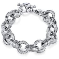 Bling Jewelry Fashion Statement Chunky Texture Large Oval Interlocking Link Chain Matt Silver Or Gold Plated Bracelet for Women Toggle Clasp Closure