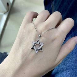 KINGWHYTE Star of David Necklace for Men Women 925 Sterling Silver Black White Cubic Zircoina Pendant Magen David Israel Jewelry 18+2''