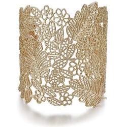Rhinelife Lace Leaf Flower Hollow Vintage Boho Style Cuff Open Wide Big Bangle Bracelet for Women Jewelry