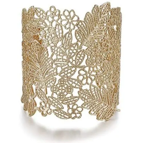 Rhinelife Lace Leaf Flower Hollow Vintage Boho Style Cuff Open Wide Big Bangle Bracelet for Women Jewelry