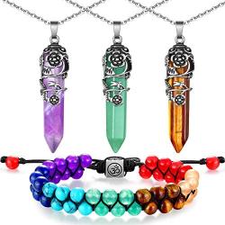 4 Pieces Hexagonal Healing Crystal Pendent Necklaces Antique Flower Wrapped Natural Prism Stone 7 Chakra Beaded Bracelet Double Layer Healing Crystals Gemstone Bracelet Bangle for Man Women