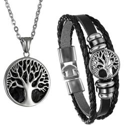 Cupimatch Men Tree of Life Symbol Pendant Necklace Leather Bracelet, Stainless Steel 22 inch Chian Jewelry Set